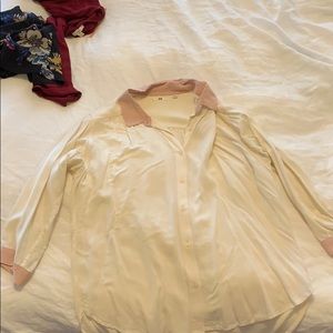 White button down with pink collar and sleeve end